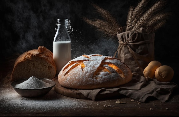 Foto de estudio de cocina de pan y harina de productos fondo negro oscuro IA generativa