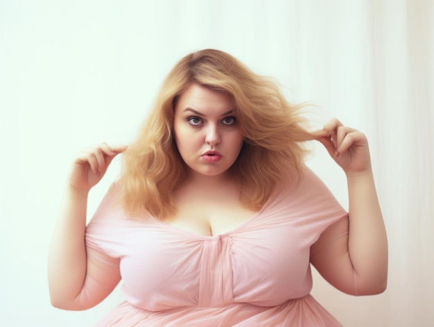 Foto de estudio de gestos emocionales de mujer joven de talla grande