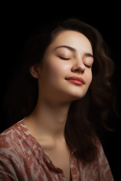 Foto de estudio de una hermosa joven con los ojos cerrados creada con ai generativo