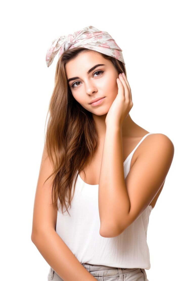 Foto de estudio de una hermosa joven parada con la mano en la cabeza aislada en blanco