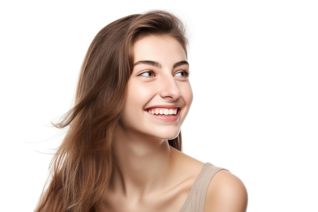 Foto de estudio de una hermosa joven sonriendo mientras está aislada en blanco creada con ai generativo