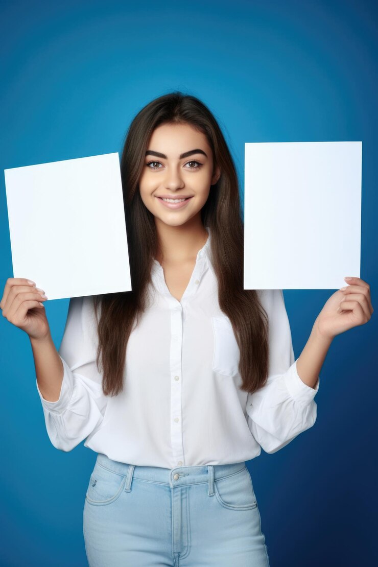 Foto de estudio de una hermosa joven sosteniendo carteles en blanco contra un fondo azul