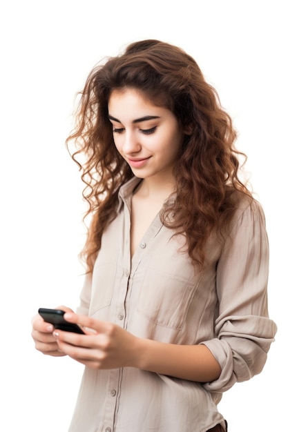 Foto de estudio de una hermosa joven usando su teléfono celular aislado en blanco
