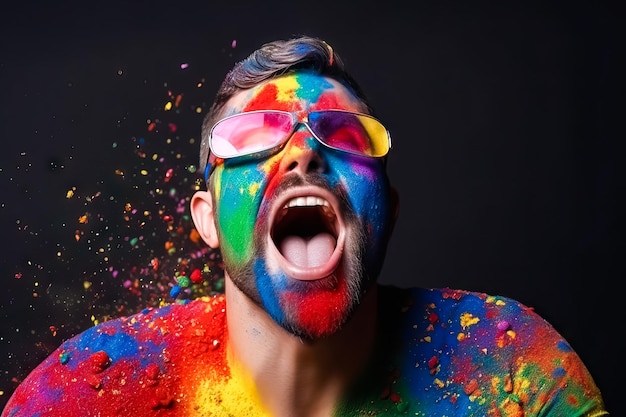 Foto de estudio de un joven con gafas y una camiseta arcoiris lgtb sin mangas con serpentinas flotando a su alrededor sobre un fondo claro Concepto de fiesta celebración del arco iris lgtbi gayAI imagen generada