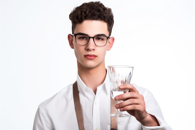 Foto de estudio de un joven sosteniendo anteojos contra un fondo blanco creado con ai generativo