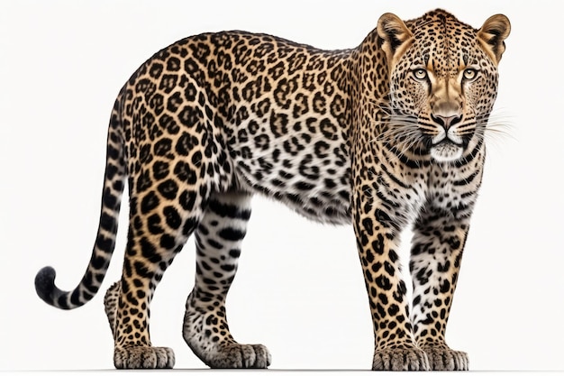 Foto de estudio de un leopardo Panthera pardus parado frente a un fondo blanco remasterizado