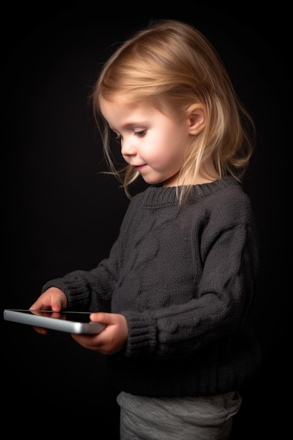 Foto de estudio de una linda niña usando una tableta digital contra un fondo gris