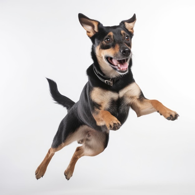 Foto de estudio de un lindo perro de raza mixta saltando