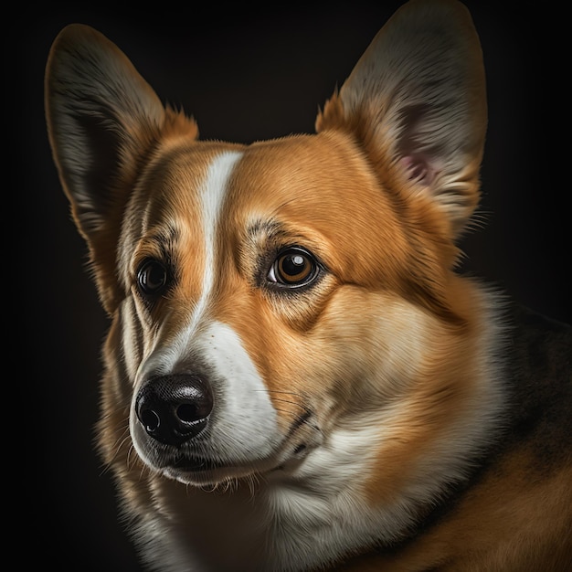 Foto de estudio con un lindo retrato de perro pembroke welsh corgi con la curiosidad y el aspecto inocente como concepto de mascota doméstica moderna y feliz en deslumbrantes detalles hiperrealistas por Generative AI