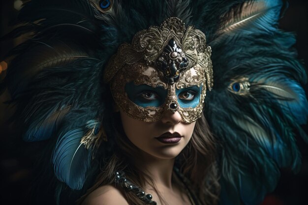 Foto de estudio de moda de una mujer hermosa con una elegante máscara de carnaval sobre un fondo negro