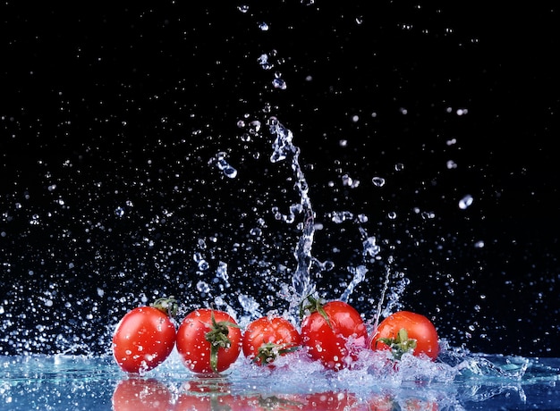 Foto de estudio con movimiento de congelación de tomates cherry en salpicaduras de agua sobre fondo negro