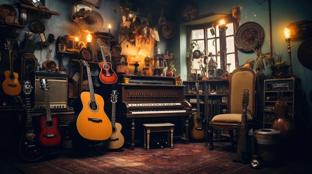 Una foto de un estudio de música bohemia con instrumentos antiguos