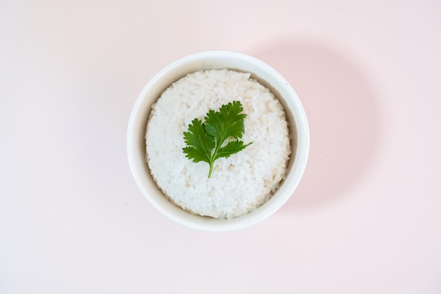 Una foto de estudio de un plato de arroz sobre un fondo liso