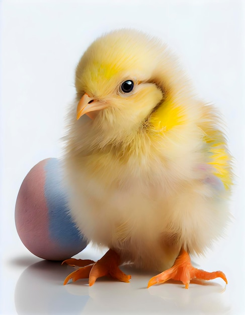 Foto de estudio de pollitos amarillos alrededor de los cuales hay coloridos huevos de Pascua brillantes