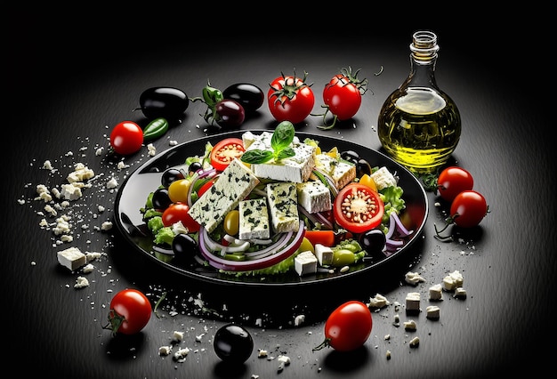 Foto de estudio de producto de ensalada griega fondo negro oscuro Ensalada de tomate y cebolla fresca Ilustración generativa de IA