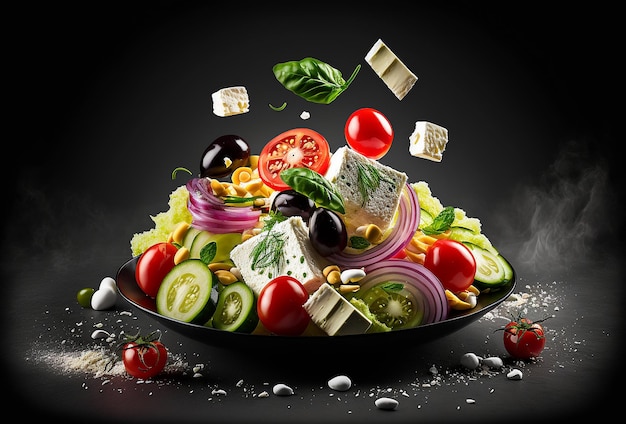 Foto de estudio de producto de ensalada griega fondo negro oscuro Ensalada de tomate y cebolla fresca Ilustración generativa de IA