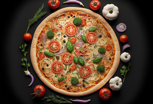 Foto de estudio de producto de pizza fondo negro oscuro Ensalada de tomate y cebolla fresca Ilustración generativa de IA