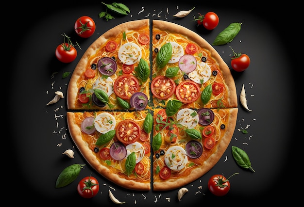 Foto de estudio de producto de pizza fondo negro oscuro Ensalada de tomate y cebolla fresca Ilustración generativa de IA