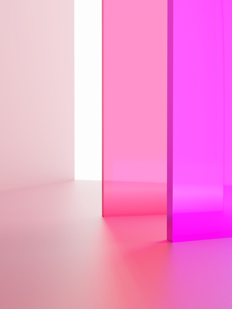 Foto de estudio de renderizado 3D Fondo superpuesto de tablero acrílico transparente rosa vibrante o neón para cosméticos de moda y productos de moda