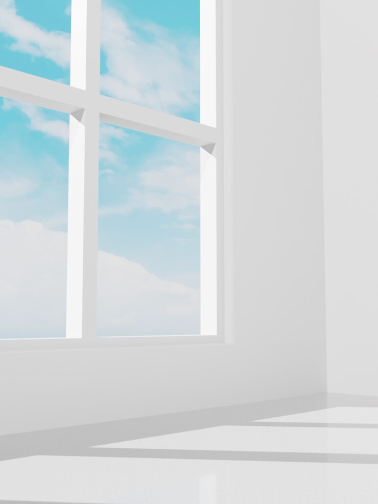 Foto de estudio de renderizado 3D en interiores Luz solar Cielo y sombra debajo de la ventana Pantalla blanca del producto