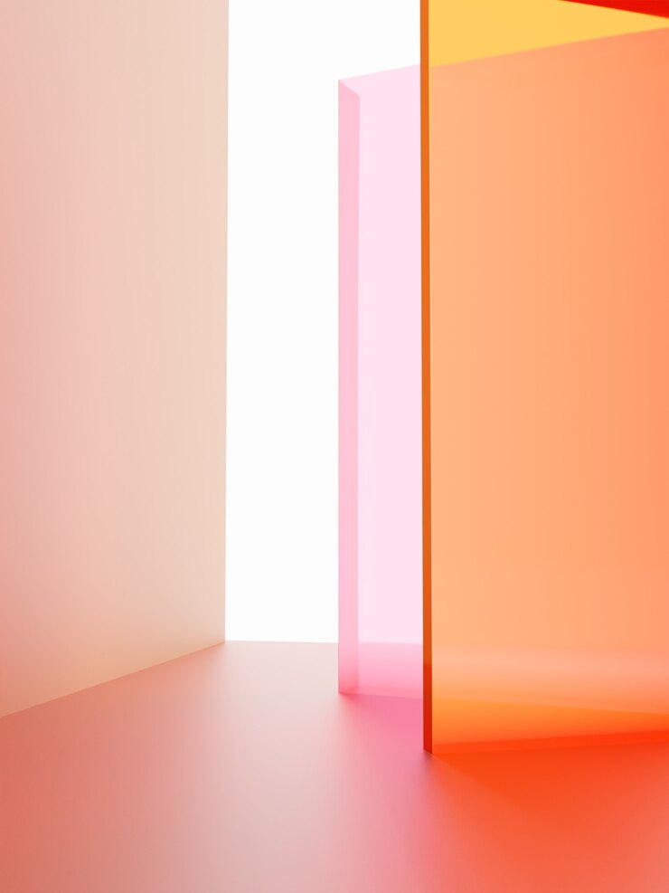 Foto de estudio de renderizado 3D Tablero de acrílico transparente vibrante o rosa neón y naranja superpuesto