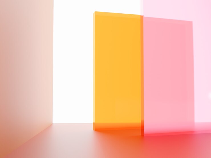 Foto de estudio de renderizado 3D Tablero de acrílico transparente vibrante o rosa neón y naranja superpuesto