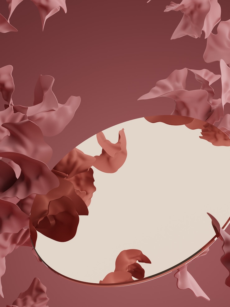 Foto de estudio de renderizado 3D Vintage pétalos abstractos y fondo de pantalla de producto de espejo dorado