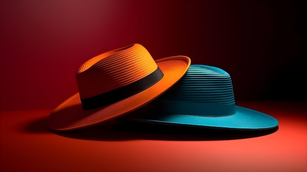 Foto de estudio de sombrero de Panamá con estilo de moda amarillo y azul sobre fondo rojo