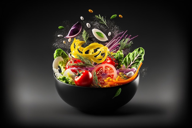 Foto de estudio de verduras de ensalada de productos fondo negro oscuro IA generativa