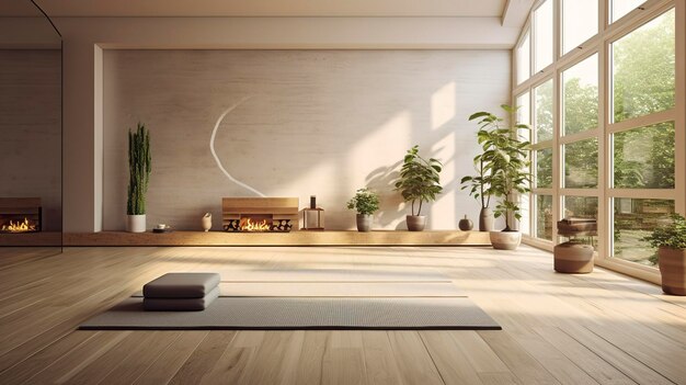 Una foto de un estudio de yoga en casa con luz natural