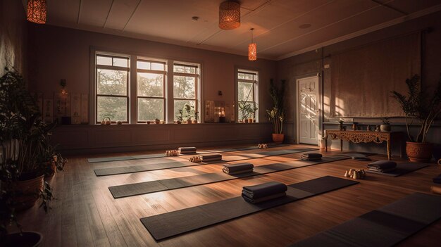 Una foto de un estudio de yoga con iluminación serena y esteras