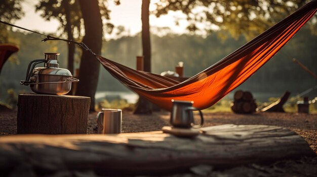 Una foto de una estufa de acampada en hamaca y una taza de café en un campamento