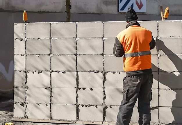 Foto foto de una excavadora trabajando en un sitio de construcción con un hombre instalando una pared de ladrillo