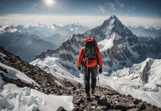 Una foto de un excursionista feliz caminando por el Everest con una mochila