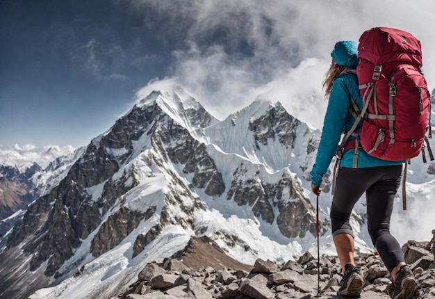 Una foto de un excursionista feliz caminando por el Everest con una mochila