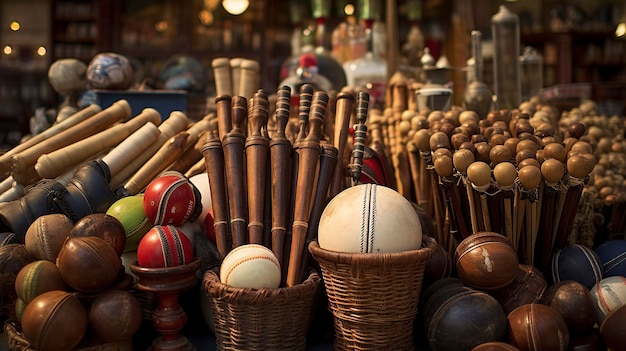 Una foto de una exhibición de bolas y murciélagos de cricket