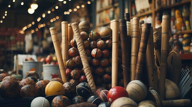 Una foto de una exhibición de bolas y murciélagos de cricket