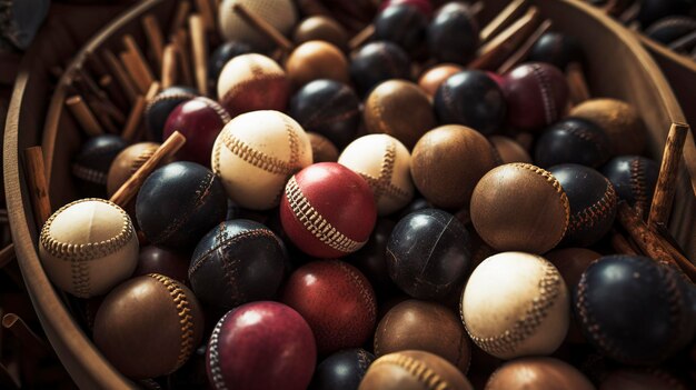 Una foto de una exhibición de bolas y murciélagos de cricket