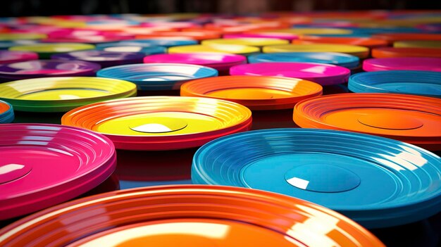 Una foto de una exhibición de frisbees en varios colores