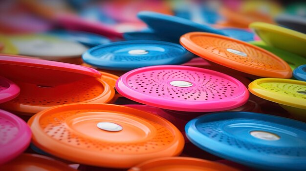 Foto una foto de una exhibición de frisbees en varios colores