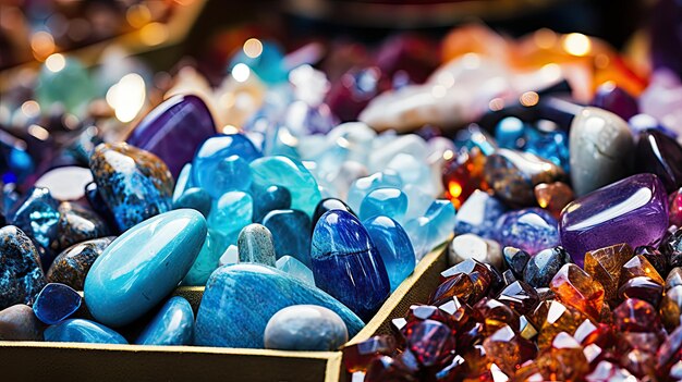 Una foto de una exhibición de piedras preciosas de colores en un mercado con un ajetreado telón de fondo