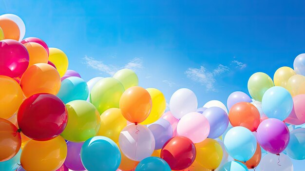 Una foto de una explosión de globos coloridos con fondo de cielo azul