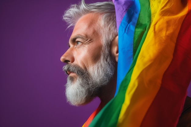 Foto expresiva del orgullo de un hombre gay con una bandera del arco iris Fondo de pantalla del mes del orgullo