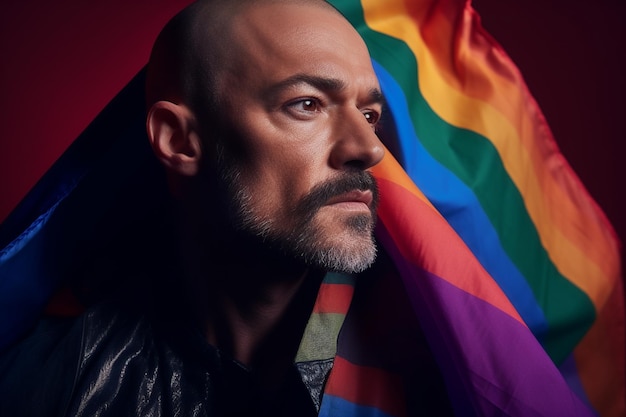 Foto expresiva del orgullo de un hombre gay con una bandera del arco iris Fondo de pantalla del mes del orgullo