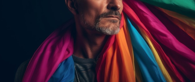 Foto expresiva del orgullo de un hombre gay con una bandera del arco iris Fondo de pantalla del mes del orgullo