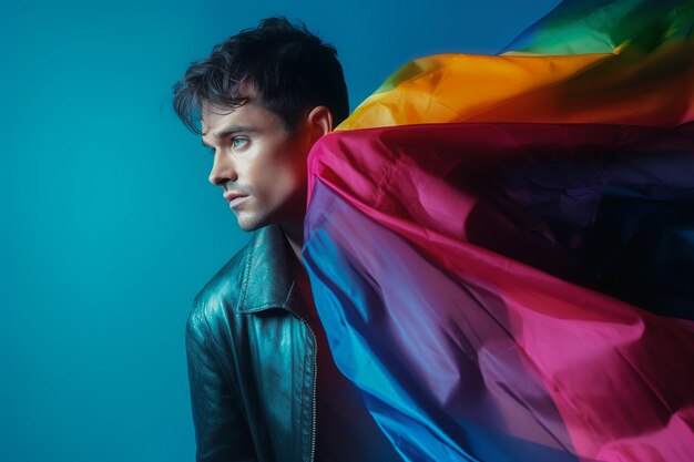 Foto expresiva del orgullo de un hombre gay con una bandera del arco iris Fondo de pantalla del mes del orgullo