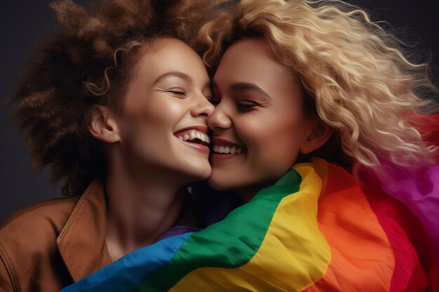 Foto expresiva del orgullo de una pareja de lesbianas con una bandera del arco iris Fondo de pantalla del mes del orgullo