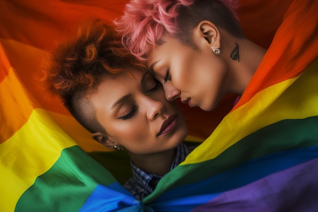 Foto foto expresiva del orgullo de una pareja de lesbianas gay con la bandera del arco iris papel tapiz de fondo del mes del orgullo
