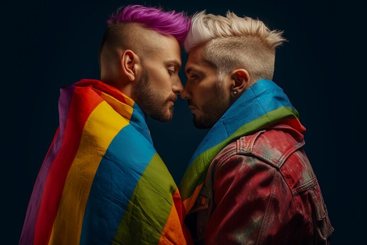 Foto foto expressiva do orgulho de um casal gay com uma bandeira do arco-íris papel de parede de fundo do mês do orgulho