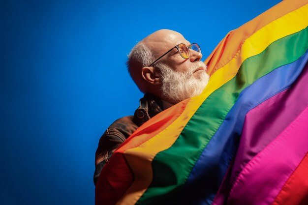 Foto expressiva do orgulho de um homem gay com uma bandeira do arco-íris Papel de parede de fundo do mês do orgulho